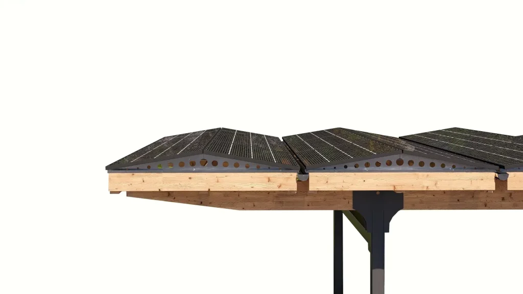 Detailansicht des innovativen Solar-Carports von Sopago mit Holzstruktur und integrierten Solarmodulen auf dem Dach