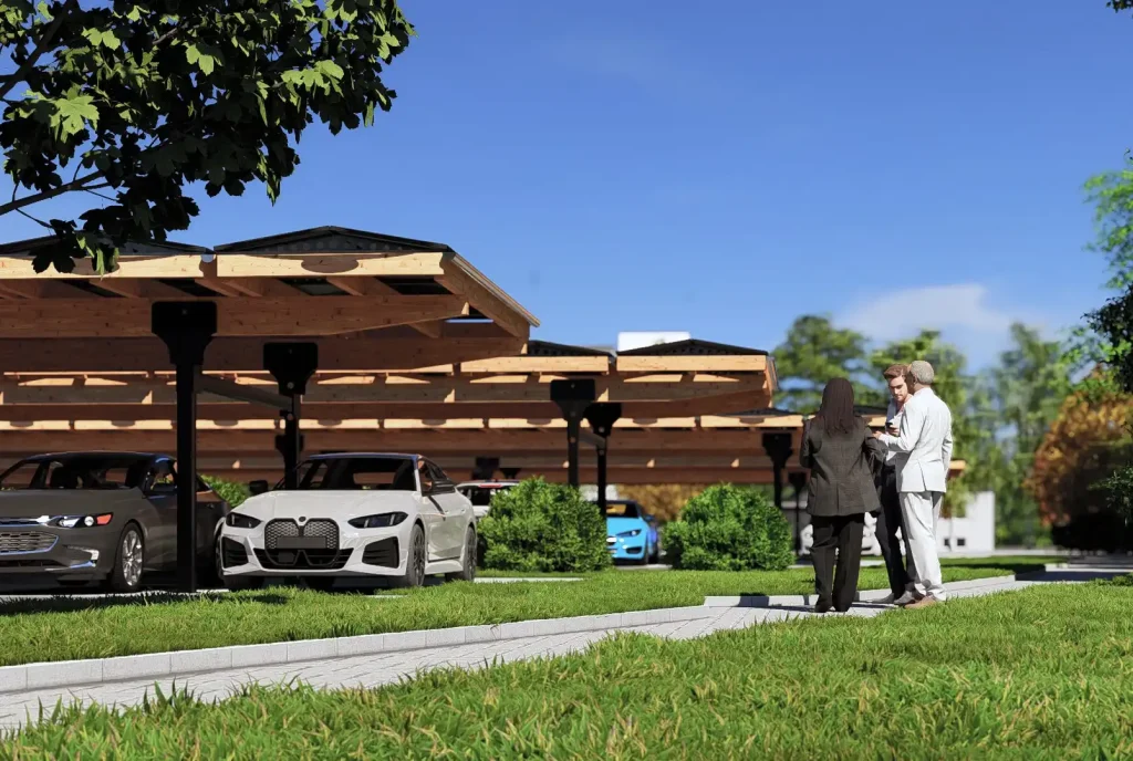 Moderne Solar-Carports von Sopago mit Holzüberdachung und geparkten Elektrofahrzeugen, Geschäftsleute im Gespräch im Vordergrund