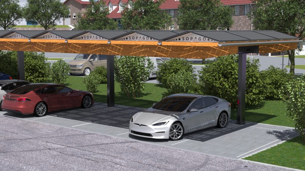 PV Pflicht NRW Parkplatz 5 Moderne Elektroautos unter Solarpanelen