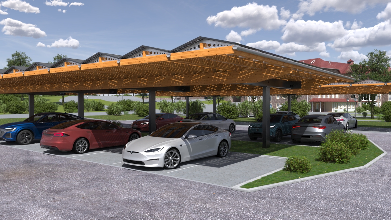 Sopabase 3 2 SopaBase 3 zweireihiger Solarcarport T-Form seitliche Ansicht