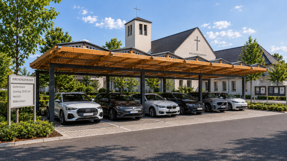 Parkplatzüberdachung Kirchengemeinden 2 Solarcarport Kirchengemeinde und Kirche mit SOPAGO seitlich
