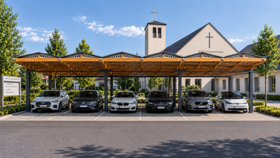 Parkplatzüberdachung Kirchengemeinden 1 Solarcarport Kirchengemeinde und Kirche mit SOPAGO